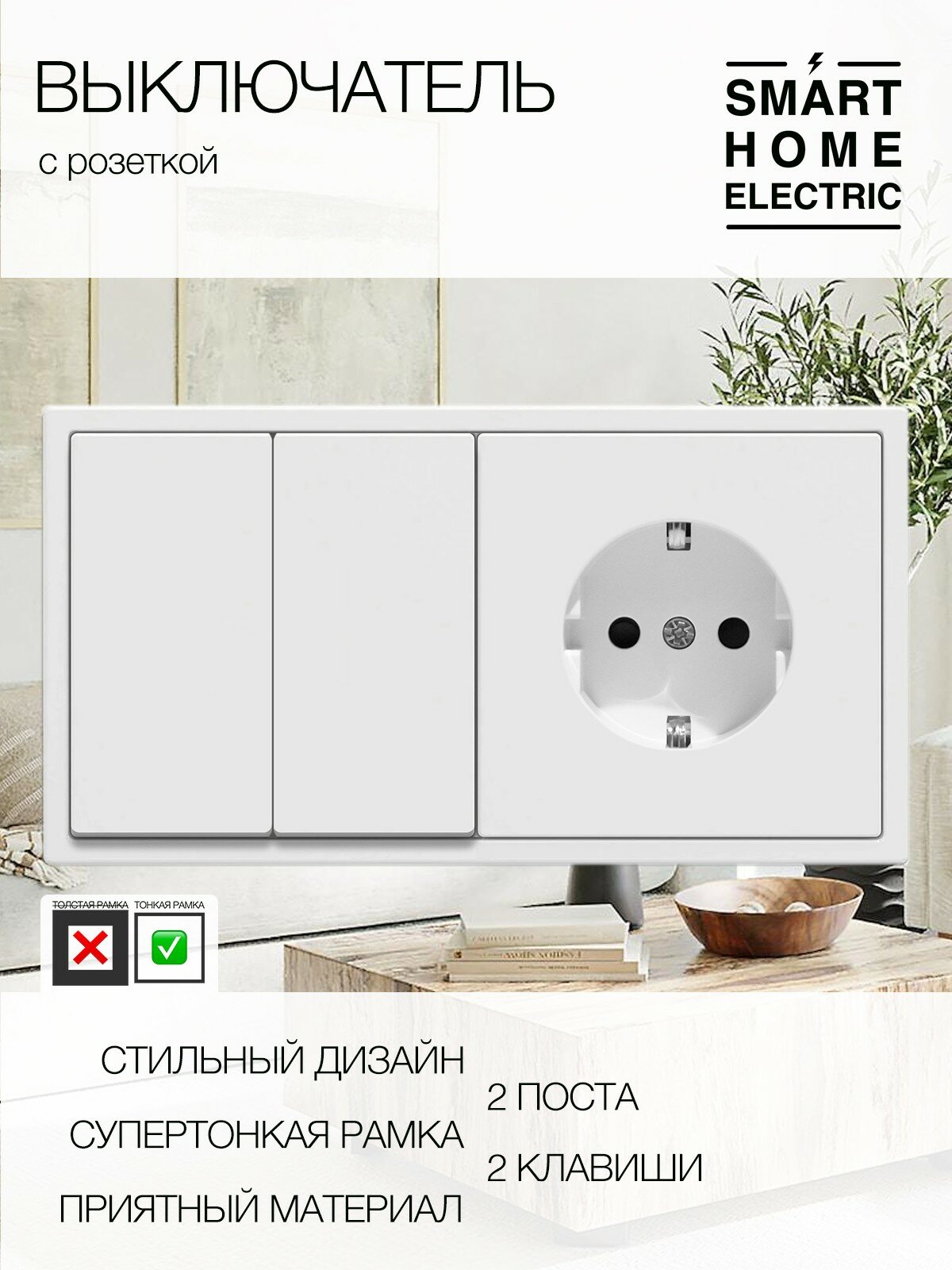 Выключатель света с розеткой, 2 поста (2кл.+1роз.)