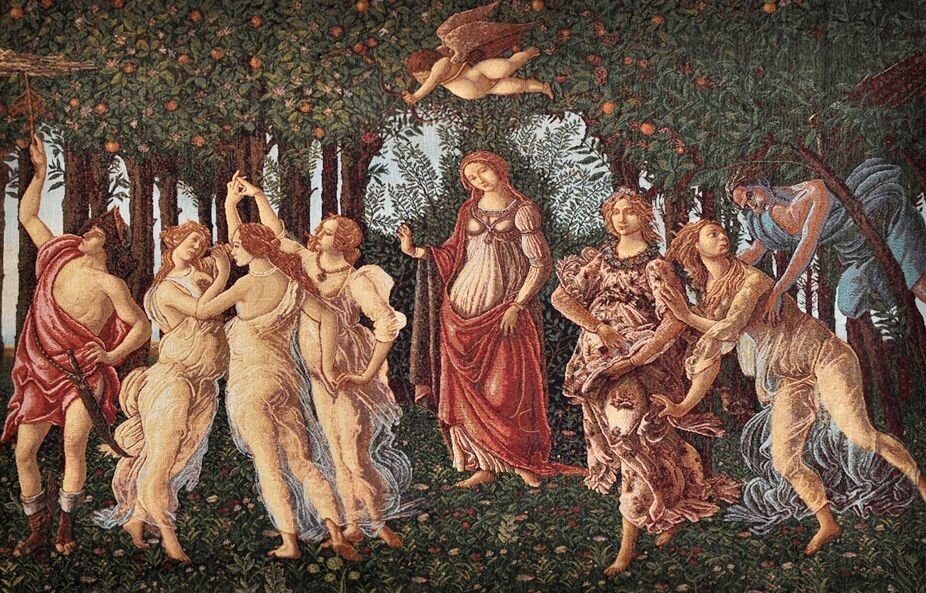 Средневековый гобелен без рамы 70х109 см "Танец в саду" с оверлоком краев декор для интерьера в подарок