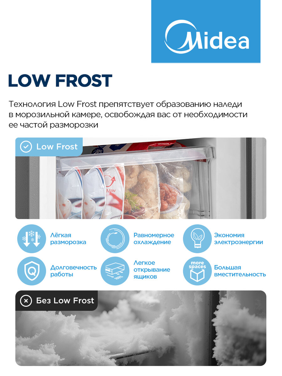 Холодильник двухдверный Midea MDRB241FGF50, 174 л, GMCC, LED-подсветка, Low Frost, зона свежести, перенавешиваемые двери — фото 3