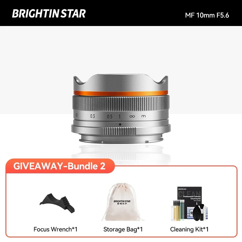 Широкоугольный объектив для беззеркальной камеры Brightin Star 10 мм F5.6 «рыбий глаз» APS-C, подходит для M4/3, Canon EF-M, Sony E, Nikon Z, Fuji X, Silver bundle 2, Fuji XF