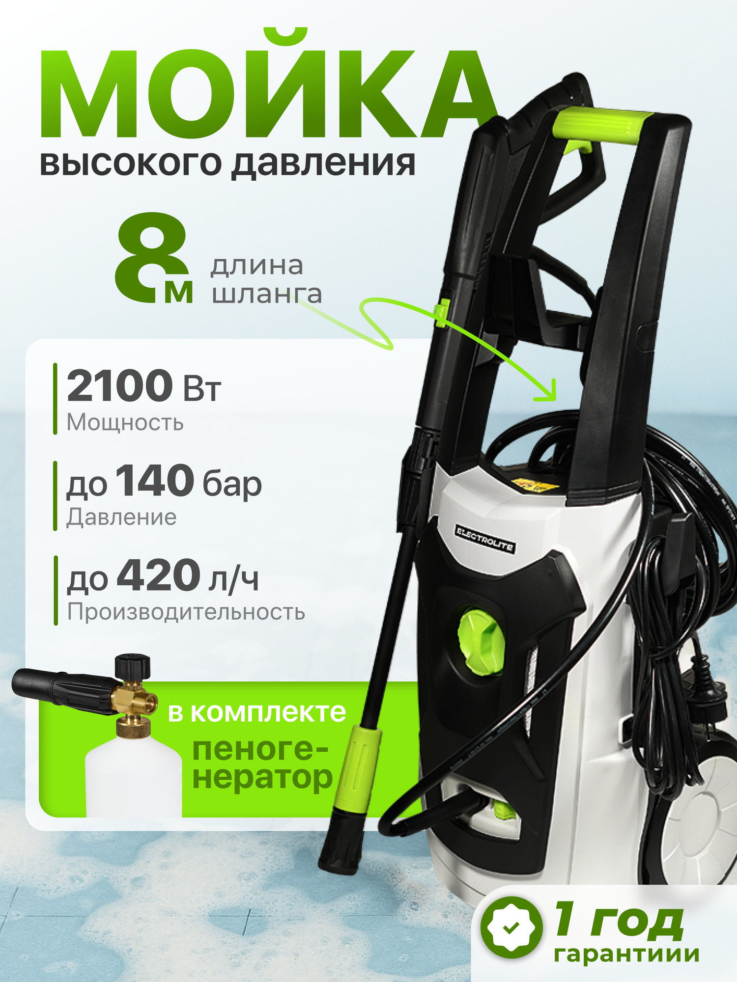 Автомойка высокого давления Electrolite 2140, 110-140 Бар, 2100Вт, 420Л/ч, 7.3кг