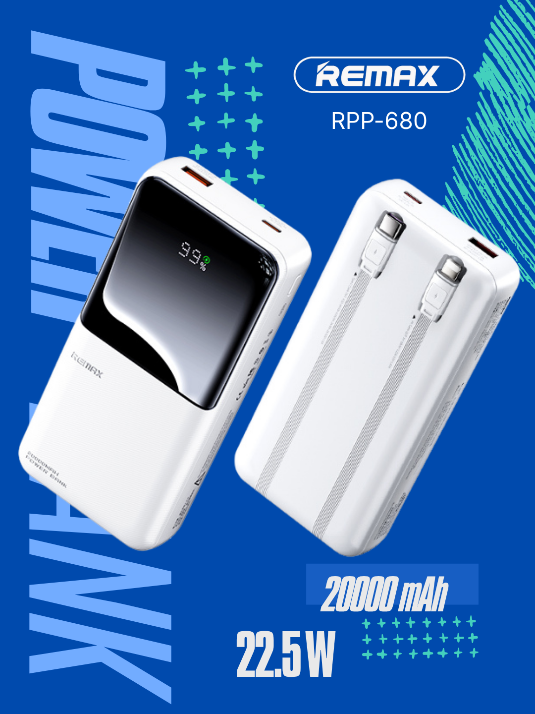 Внешний аккумулятор REMAX RPP-680 Power Bank 22.5W быстрая зарядка, 20000 mA/h, встроенный Type-C и Lightning кабель