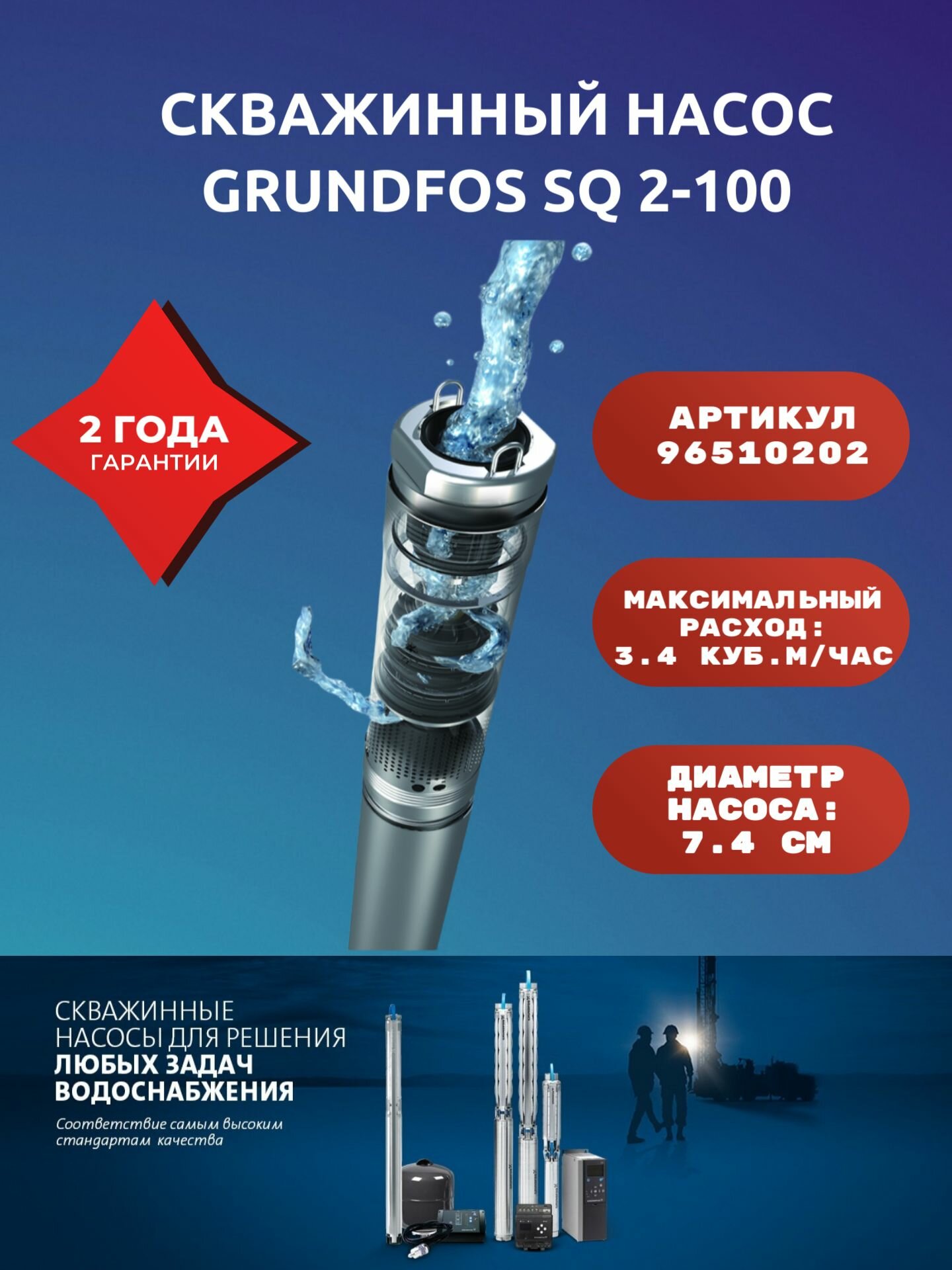 Насос скважинный Grundfos SQ 2-100 погружной центробежный нержавеющая сталь