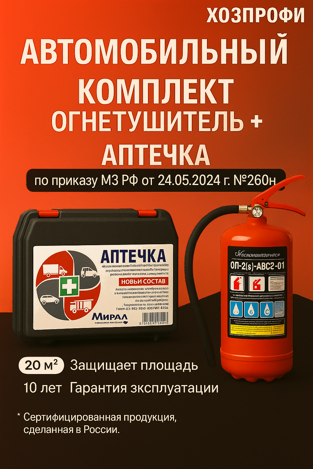 Автомобильный комплект ОГНЕТУШИТЕЛЬ + АПТЕЧКА автомобильная 2025 нового образца ГОСТ (ОП-2 аптечка Мирал приказ № 260н)