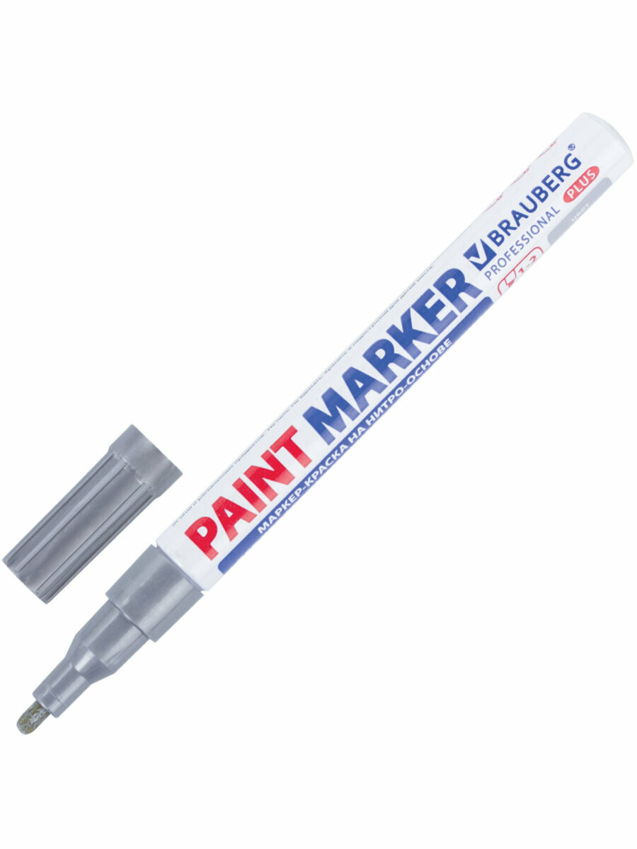 Маркер краска лаковый paint marker 2 мм строительный серебряный, фломастер, нитро основа, алюминиевый корпус, Brauberg Proffessional Plus, 151442 — фото 1