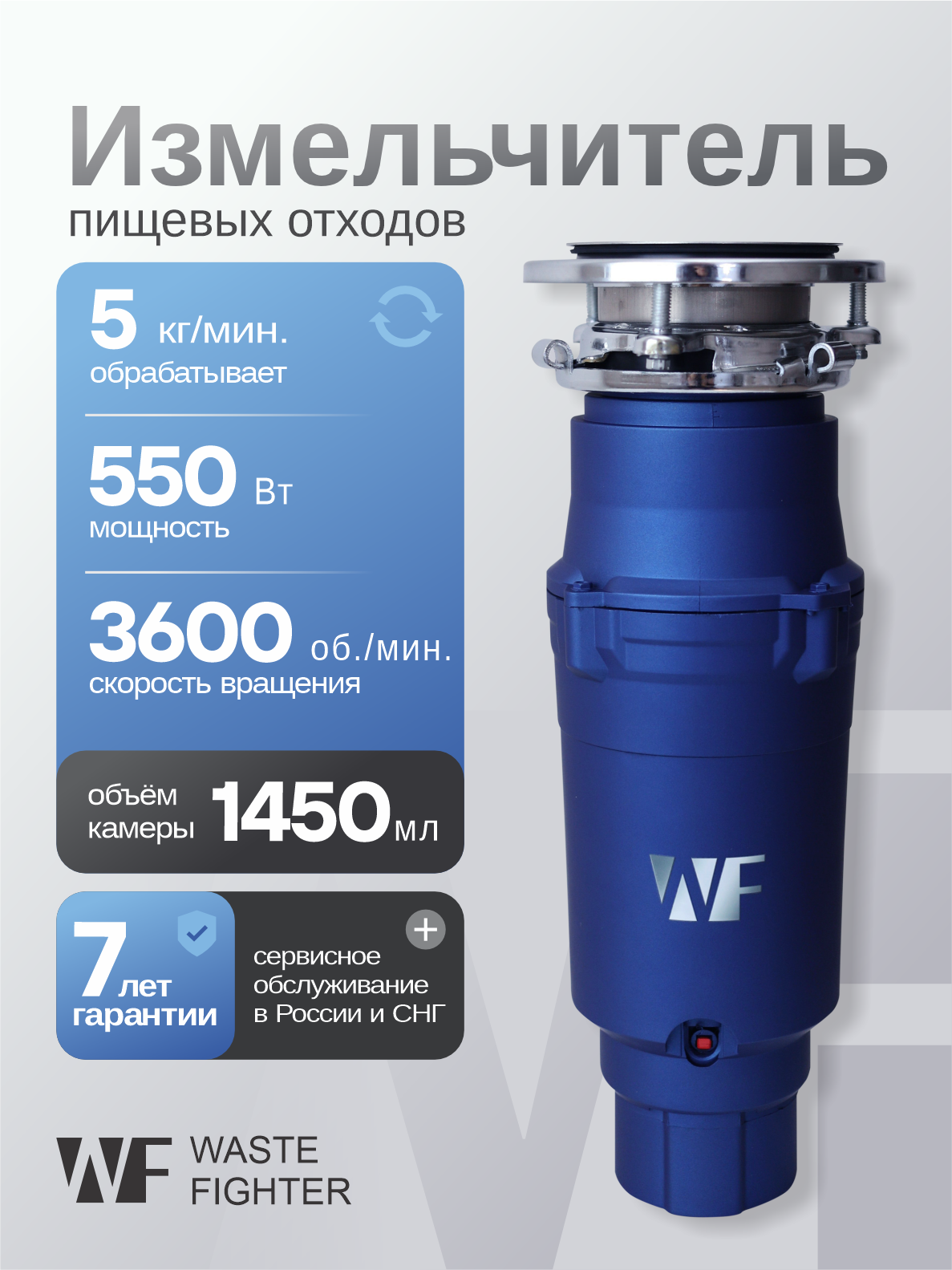 Измельчитель пищевых отходов WF F-52 Premium Compact Премиум, встраиваемый под раковину, 1.45 л, синий
