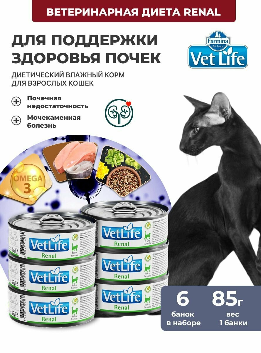 Диетический влажный корм для кошек 6шт х 85гр При заболеваниях почек  почечной недостаточности  ХПН  МКБ Вет Лайф Ренал farmina Vet Life Renal