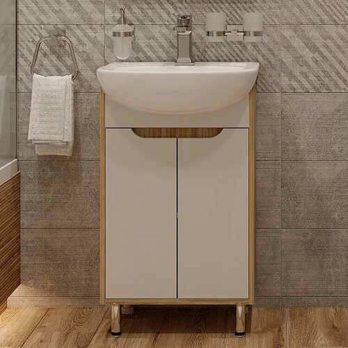 Изображение товара Тумба с раковиной DIWO Углич 50 напольная, 51 см, белая, светлое дерево, глянцевая, из МДФ, с дверками, раковина для ванной фаянсовая, полукруглая, встроенный слив-перелив, с сифоном