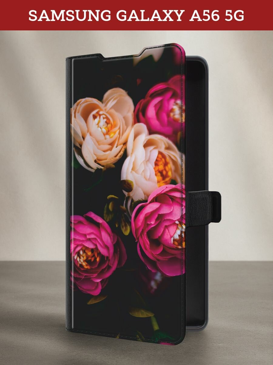 Чехол-книжка на Samsung A56 5G / Самсунг А56 5G с рисунком "Розовые пионы на черном"