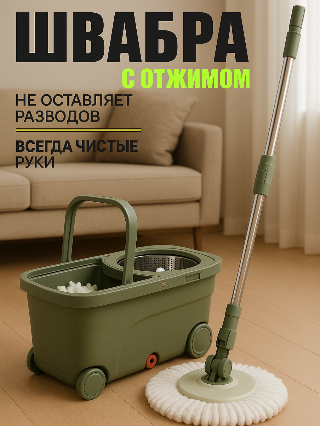 Набор для уборки, швабра и ведро на колесах, отжим, вращение на 360 градусов, 14 л