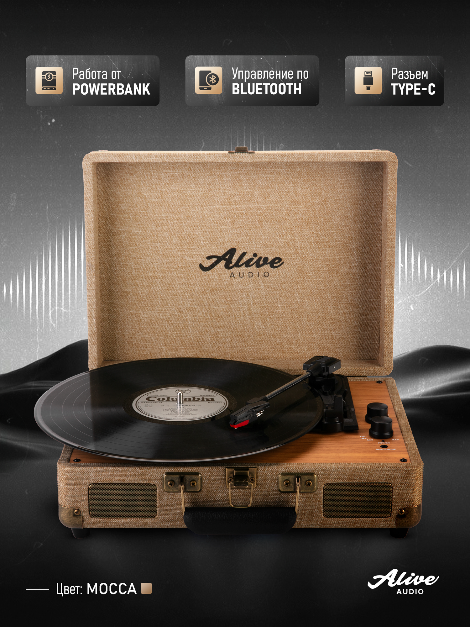 Виниловый проигрыватель Alive Audio GLAM The Canvas Edition Mocca с Bluetooth — фото 1