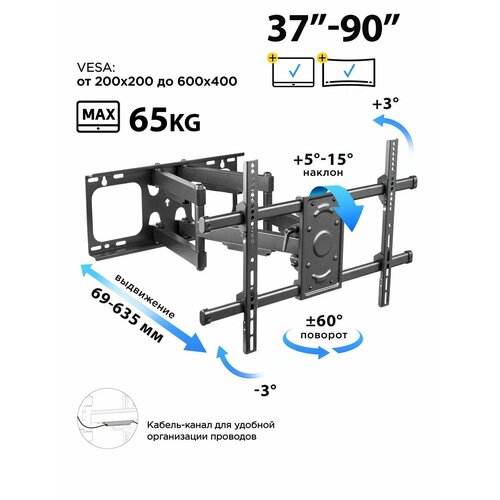 фото Кронштейн для телевизора на стену поворотный godoo 37"-90" дюймов gd49-466