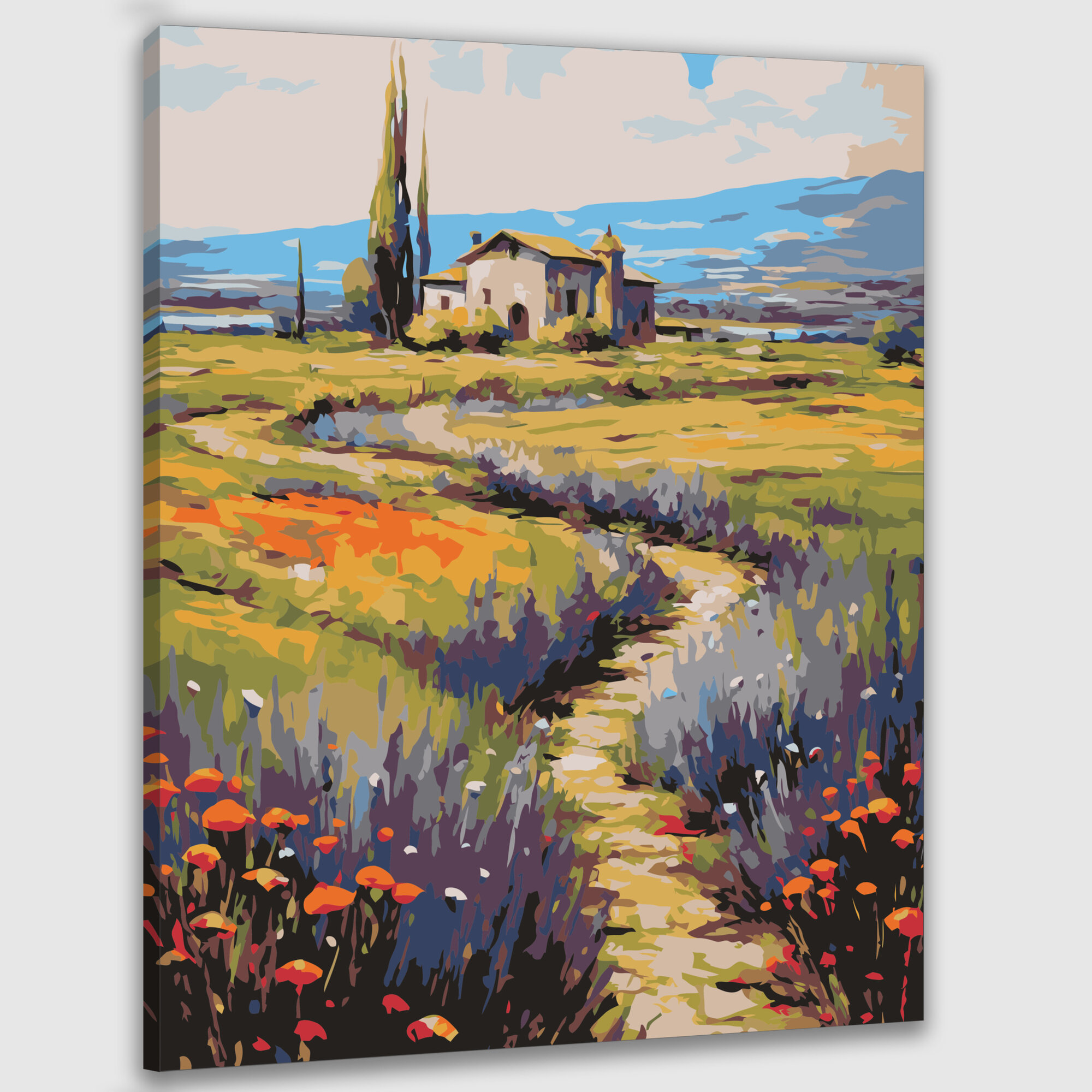 Картина по номерам 40x50 см, картина, масло, сельская местность, Ван Гог, холмы, поля цветов, деревенский дом