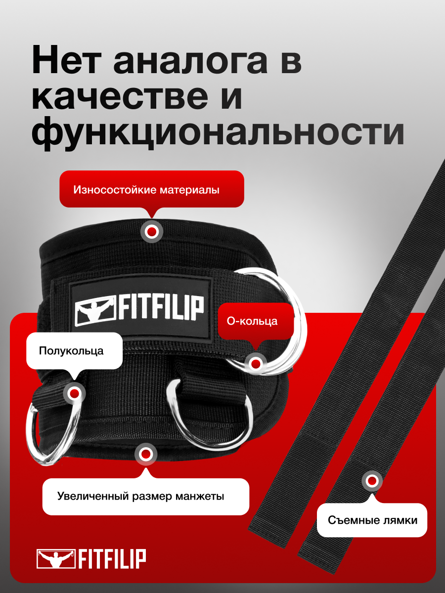 Манжеты FITFILIP для ног, для зала, для дома , с лямкой, универсальные, черные, 2 шт, 34.5 см — фото 1
