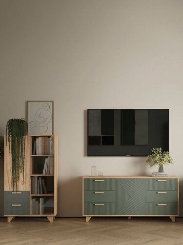 Изображение товара Гостиная комплект Ньерд, шкаф-витрина, комод, 230х41х137 см, Дуб Вотан / Можжевельник / Стекло