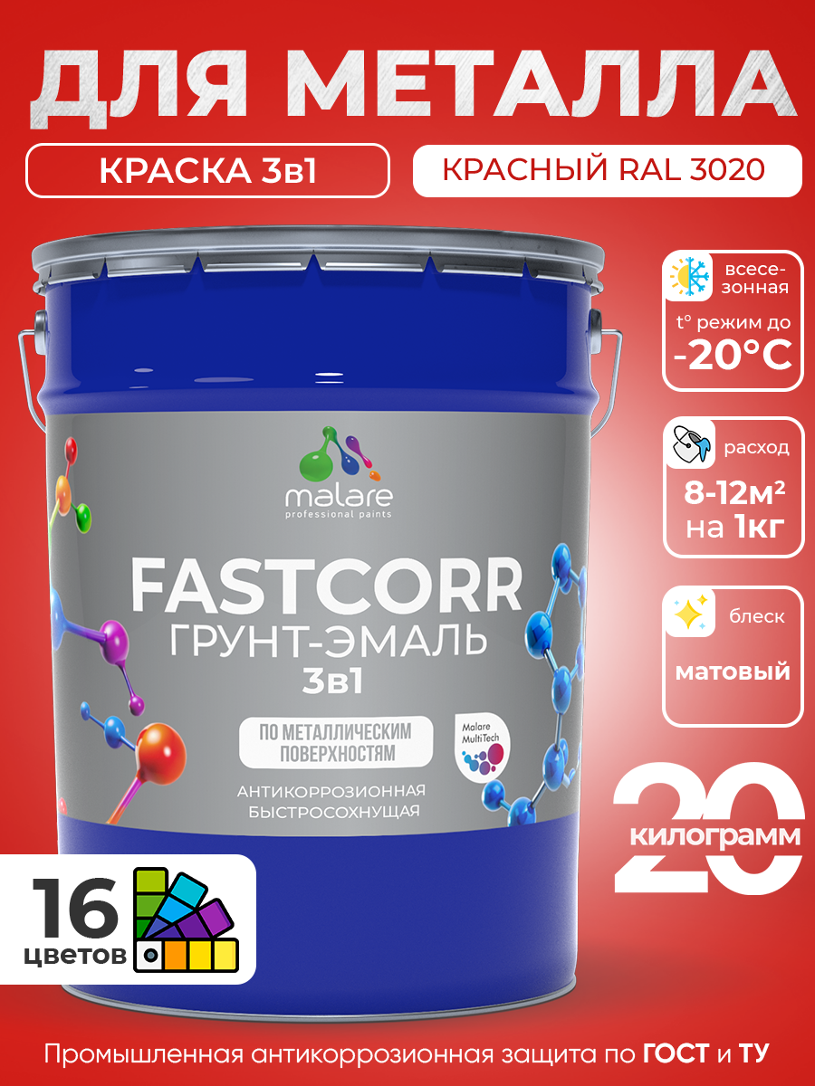 Грунт-эмаль по ржавчине 3 в 1 Malare FastCorr краска для металла, антикоррозионная износостойкая быстросохнущая RAL 3020, красный, матовая, 20 кг.