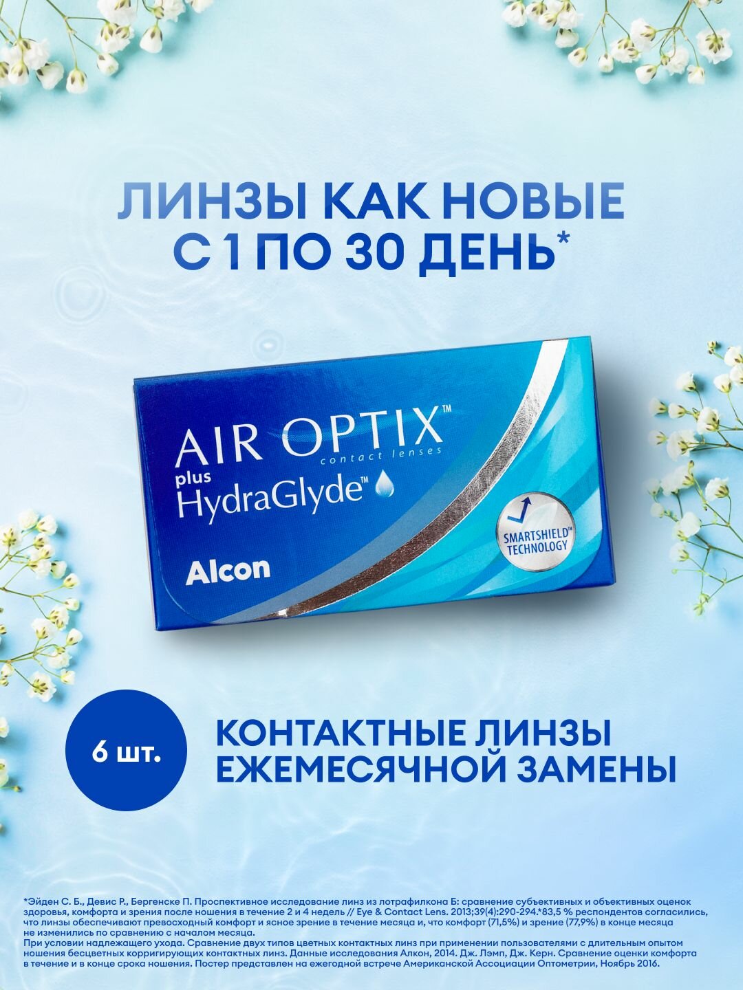 Линзы на месяц Alcon, Air Optix plus HydraGlyde, -6,25, 6 шт.
