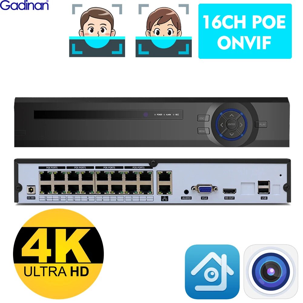 Видеорегистратор Gadinan POE NVR 16 каналов 4K, Нет, 16CH