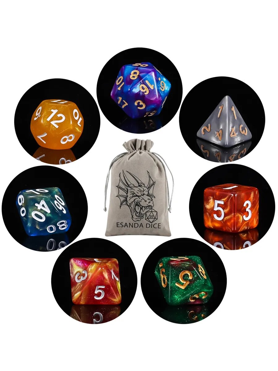 D&D Кости игральные, дайсы, кубики для DND (ДнД) Набор из 20 цветов+мешочек, для настольныхигр/RPG/Pathfinder — фото 1