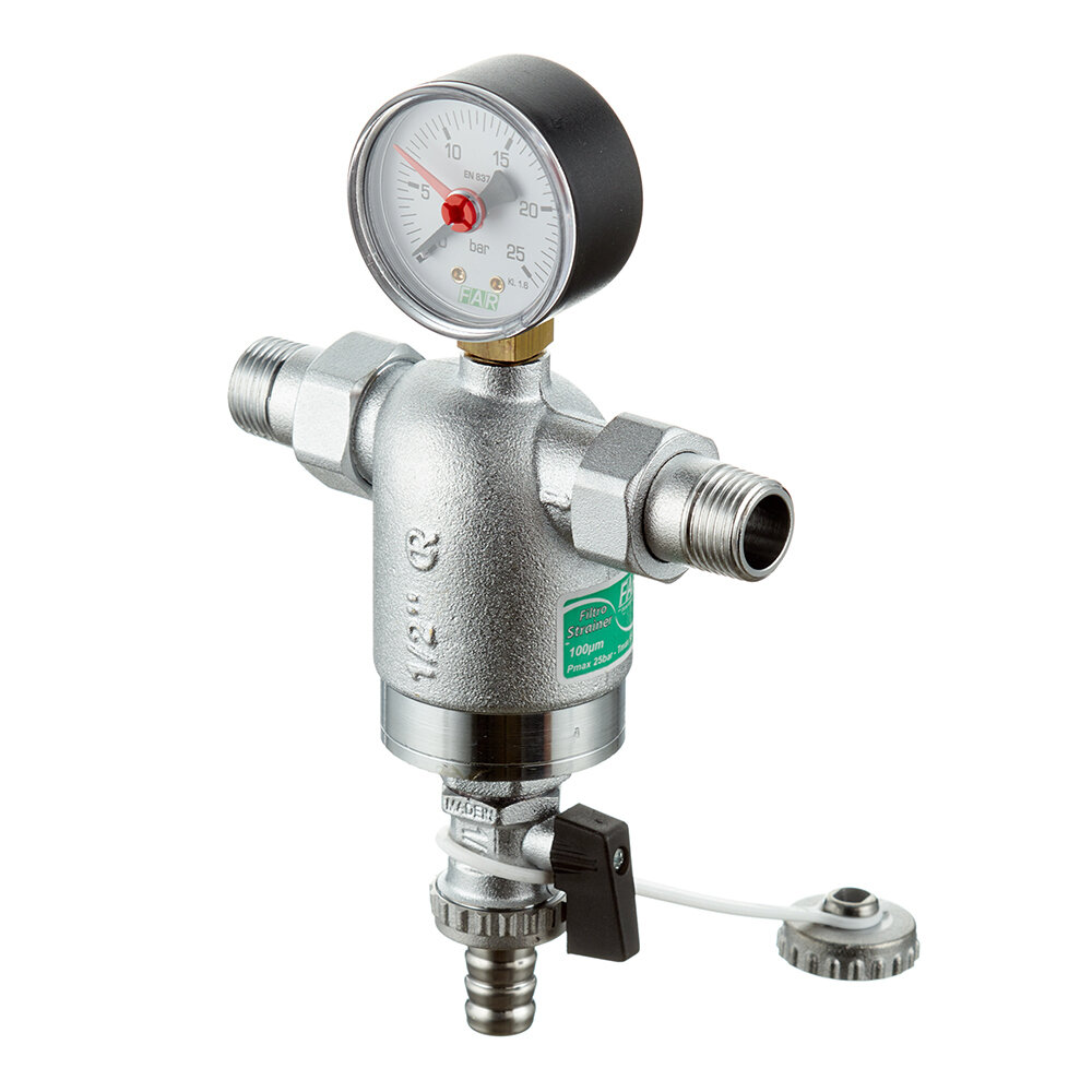Фильтр FAR 1/2" НР-НР, с манометром, 100мкм, Max: 95C