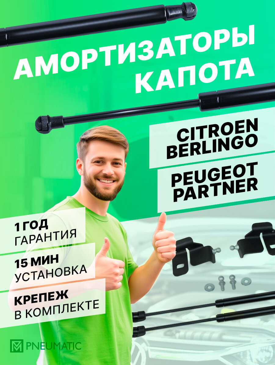Газовые упоры капота Pneumatic для Citroen Berlingo II 2008-2015/Peugeot Partner II 2008-2015, 2 шт, KU-PG-PT00-00