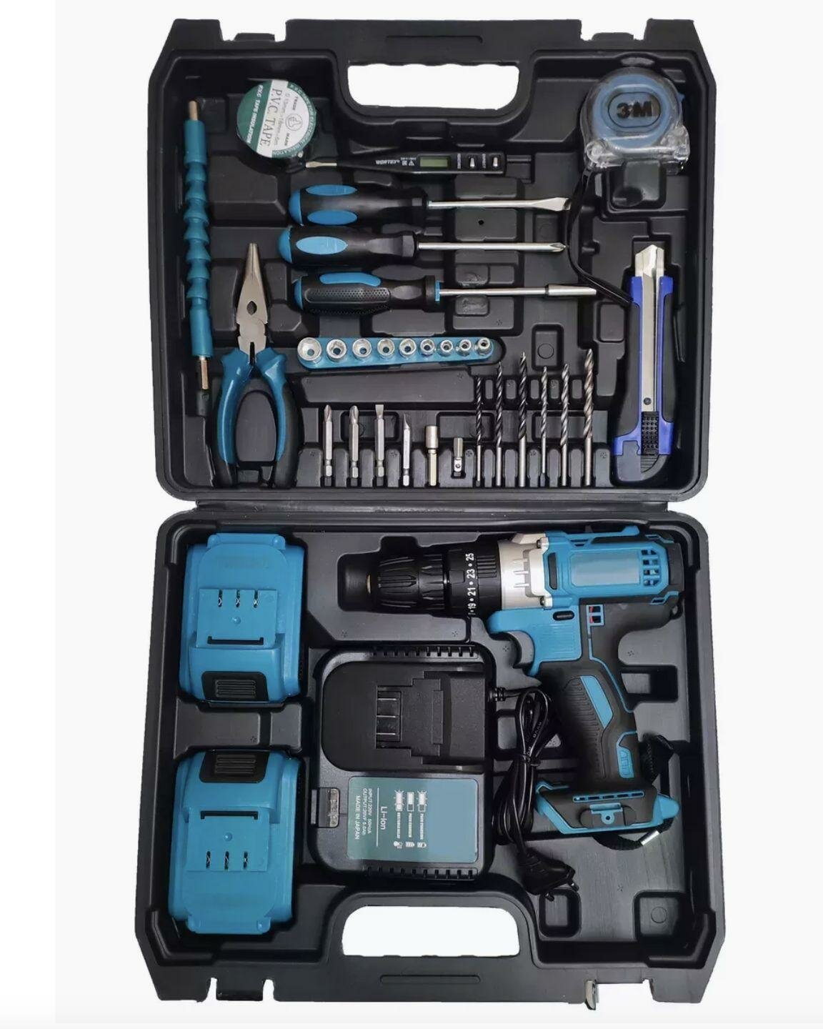 Шуруповерт аккумуляторный с набором, в жестком кейсе, синий/черный