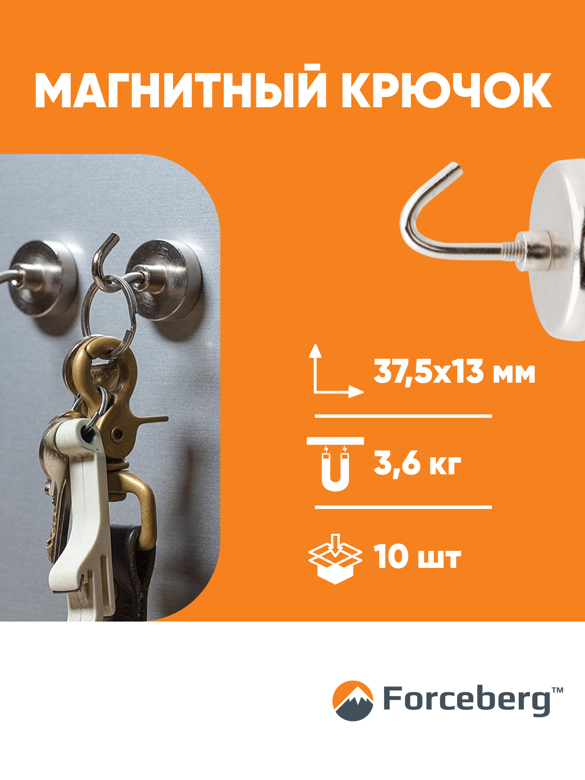 Крючки на магните Forceberg, для крепления, серебристый, 10шт