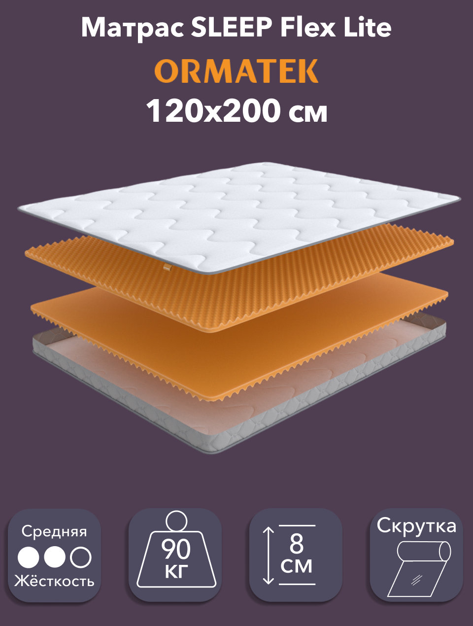 Орматек Матрас SLEEP Flex Lite, Беспружинный, 120х200 см, Односпальный двусторонний анатомический матрас на кровать c массажным эффектом