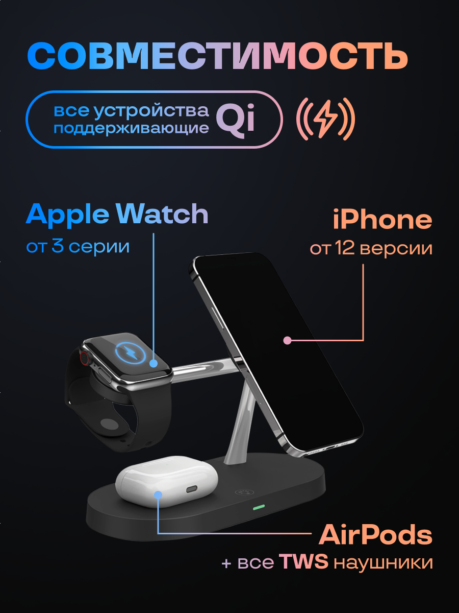 Беспроводная зарядка для iPhone, Apple Watch / Зарядная станция для телефонов, док станция MagSafe — фото 1