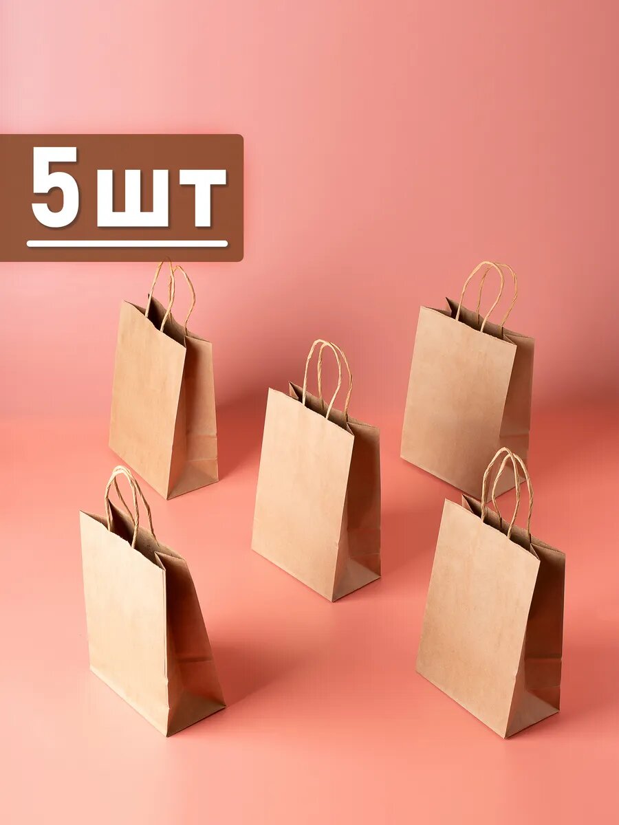 Подарочные бумажные крафт пакеты, коричневые, 15 см x 8 см x 21 см, набор из 5 шт