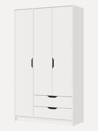 Изображение товара Распашной шкаф для одежды и хранения вещей Руна трехдверный с полками, с ящиками, со штангой, 120х50х210 см, Белый