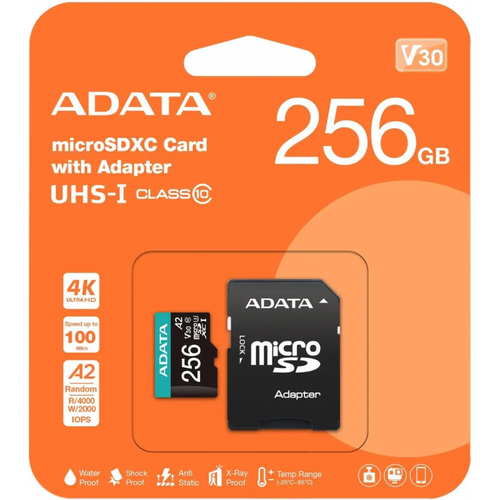 Карта памяти MICRO SDXC ADATA 256GB W/AD. AUSDX256GUI3V30SA2-RA1