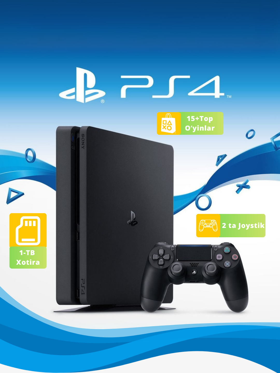 Игровая консоль PlayStation 4 Slim, 1TB, 2 джойстика и 15 игр в комплекте