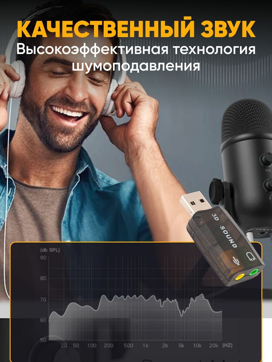 Переходник для наушников и микрофона USB-A на 2х aux Jack 3.5мм Soundcard 3D / Внешняя звуковая карта, адаптер с USB А на 2х аукс джек 3.5 мм, черный / Аудио разветвитель AUX — фото 1