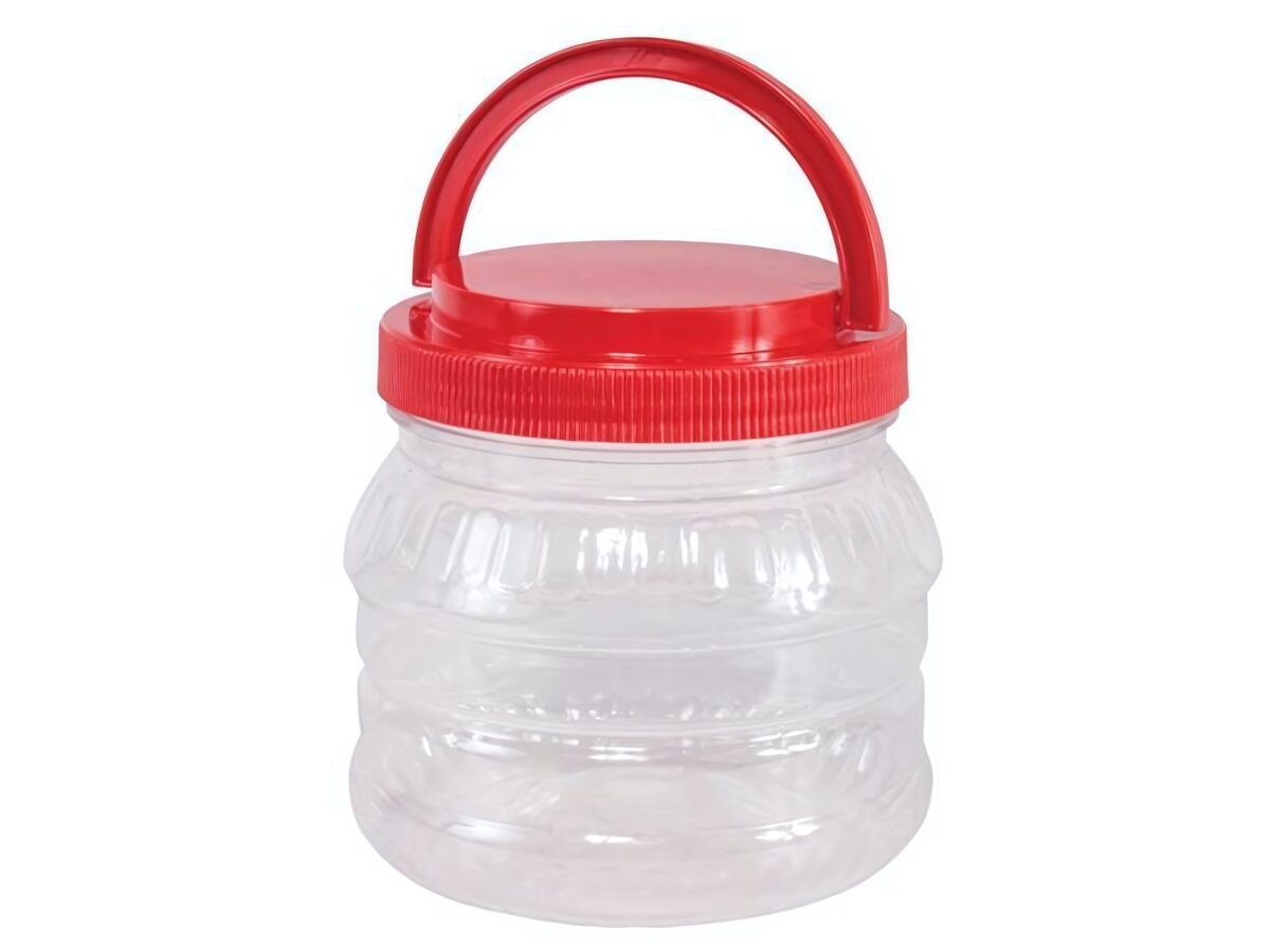 Емкость 1л ПЭТ с ручкой прозрачная тёмно-красная крышка надежная и многоразовая