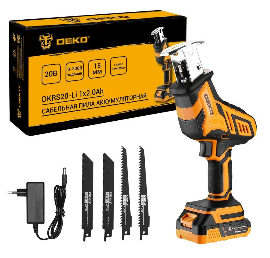 Пила сабельная акк. Deko DKRS20-Li, 15мм ход, 200мм дер. 16мм мет,2600ход/мин, 1х2Ач