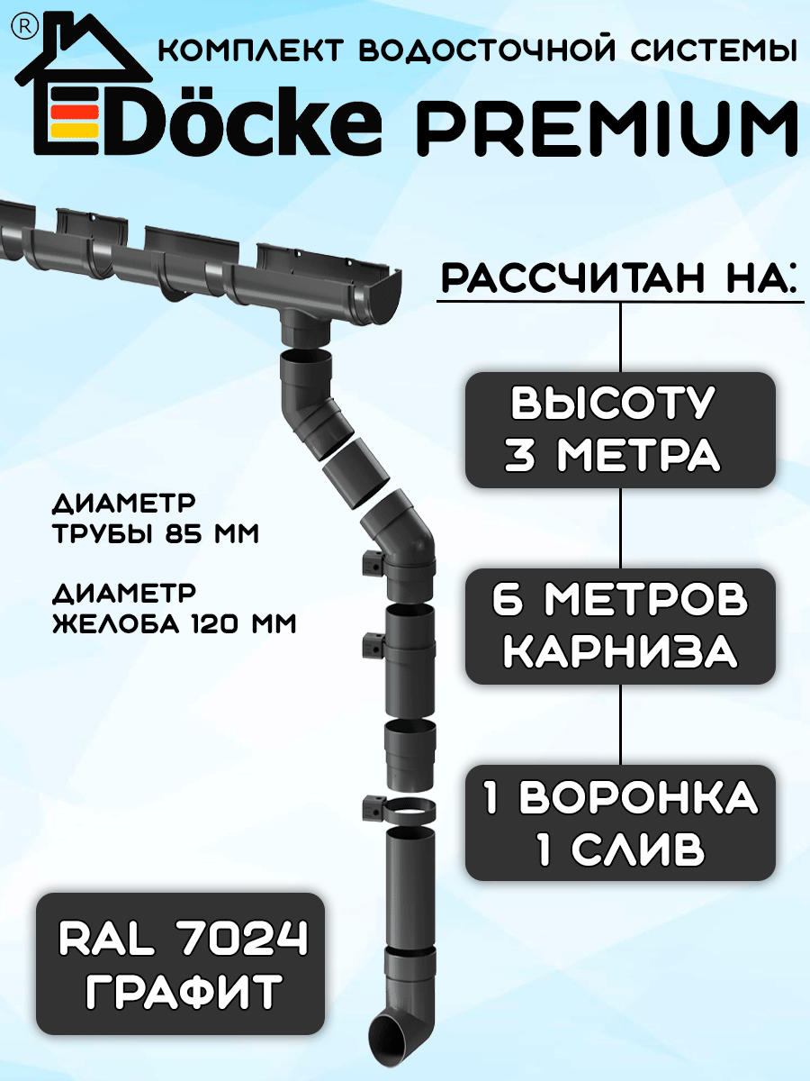 Комплект водосточной системы Docke Premium графит 6 метров (120мм/85мм) водосток для крыши Дёке Премиум темно-серый (RAL 7024)