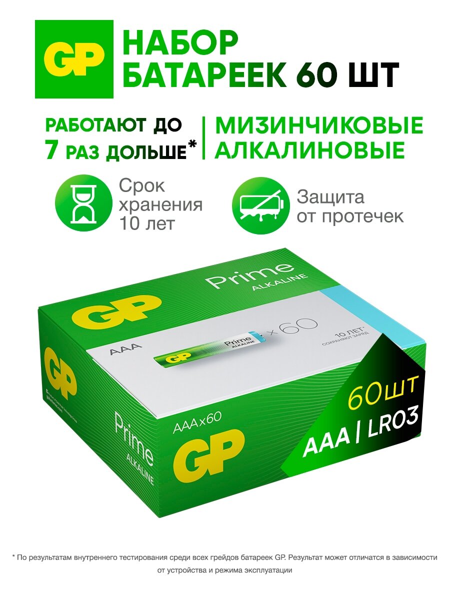 GP Батарейки ААА мизинчиковые алкалиновые Prime Alkaline, набор 60 шт