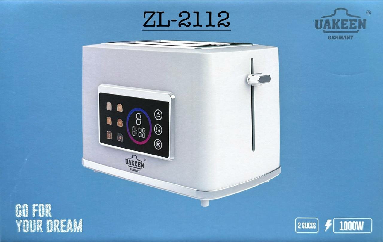 Тостер Uakeen ZL-2112, нержавеющая сталь, сенсорное управление на 2 буханки хлеба