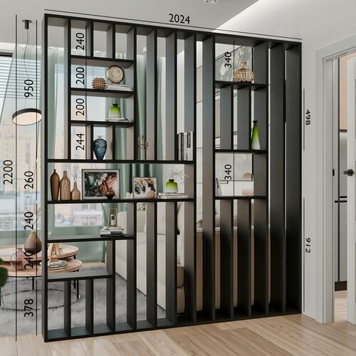 Изображение товара Перегородка с полками для зонирования 2024 мм, черная, 22х200 мм