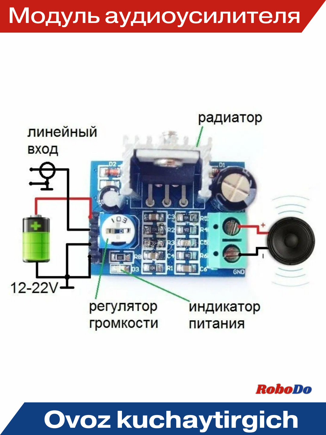 Модуль аудиоусилителя, на TDA2030A, 1x18Вт, для звука, зеленый — фото 1