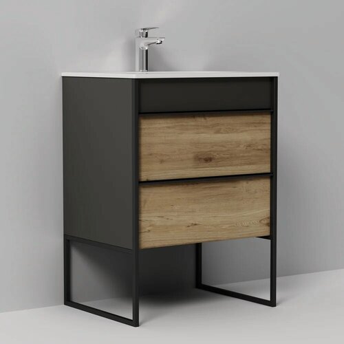 Изображение товара Тумба с раковиной STWORKI Гриндстед 60 подвесная, напольная, 61,5 см, светлое дерево, матовая, из ЛДСП, с ящиками, раковина для ванной, фаянсовая, прямоугольная, встроенный слив-перелив, с сифоном, ло