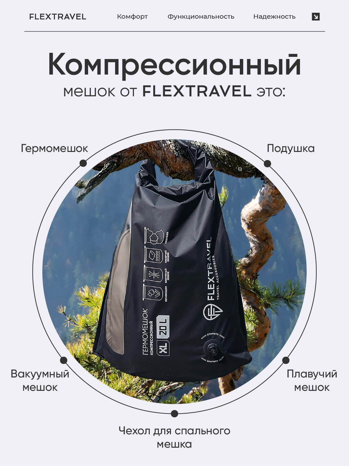 Компрессионный мешок водонепроницаемый FlexTravel c клапаном, 20 л — фото 1