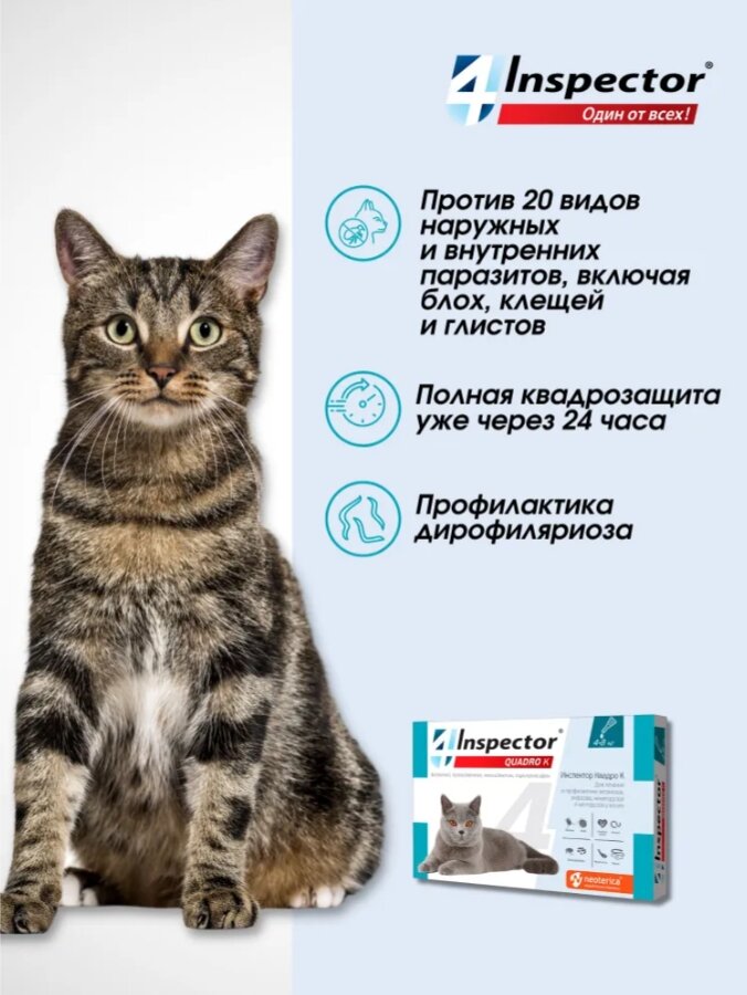 Инспектор Квадро Капли для кошек масоой от 4 до 8 кг, 3 ПИП, Экопром — фото 1