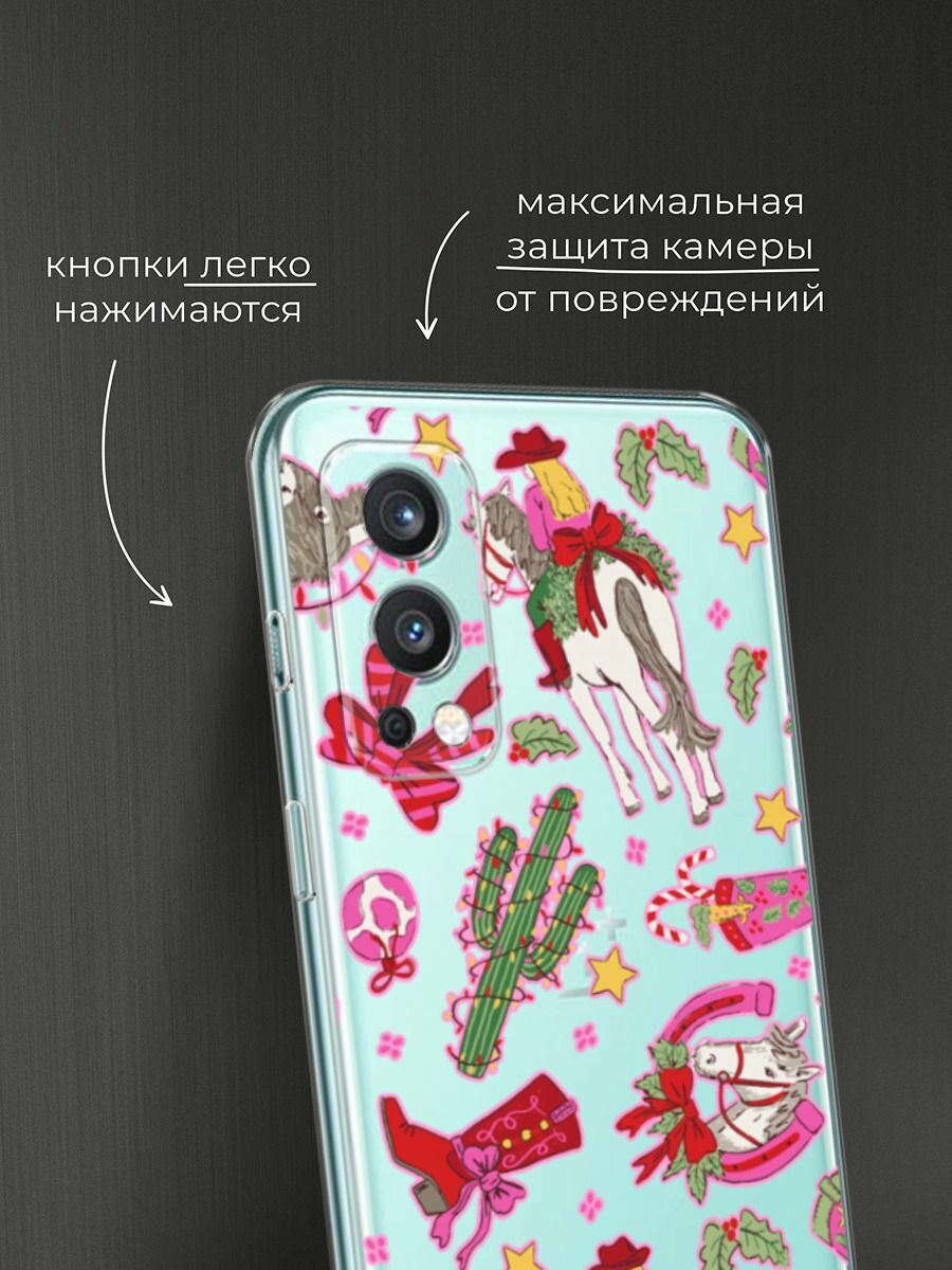 Чехол на OnePlus Nord 2 / ВанПлас Норд 2 с принтом "Кактус с гирляндой 2", прозрачный — фото 1