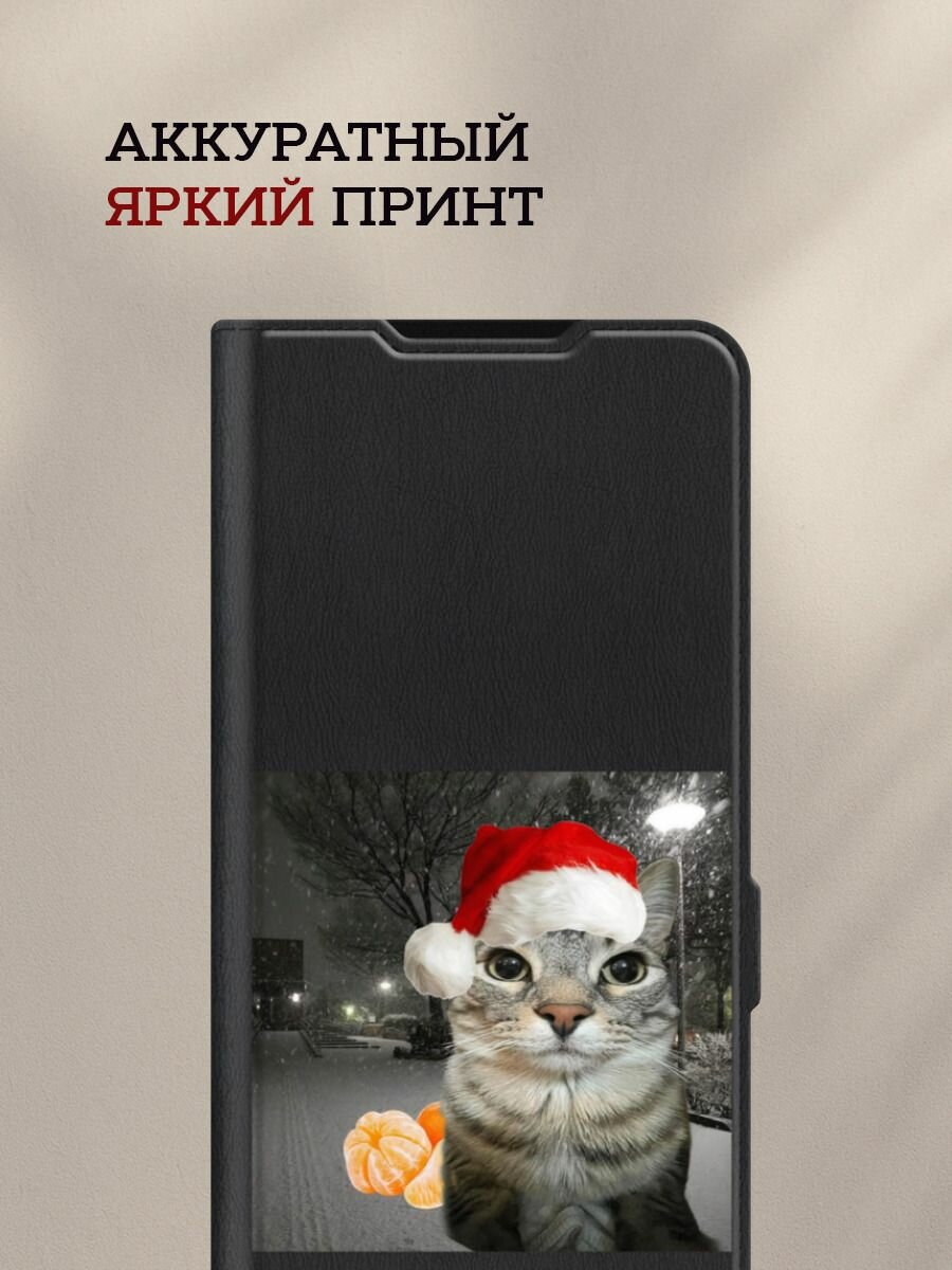 Чехол-книжка на Samsung Galaxy A17 / Самсунг А17 с рисунком Кот с мандаринами зимой, черный — фото 1