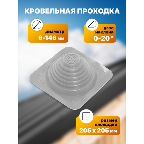 фото Уплотнитель кровли (кровельная проходка) №13 прямой 6-146 мм 205х205 мм серый