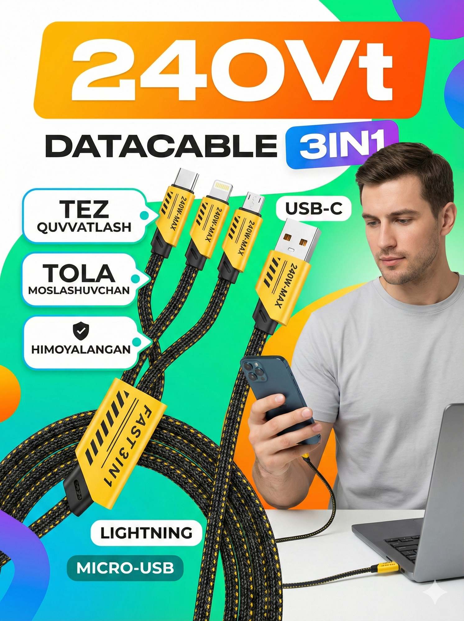 Универсальный кабель 3-в-1 240W — Быстрая зарядка Type-C, Lightning, Micro-USB (Datacable) — фото 1