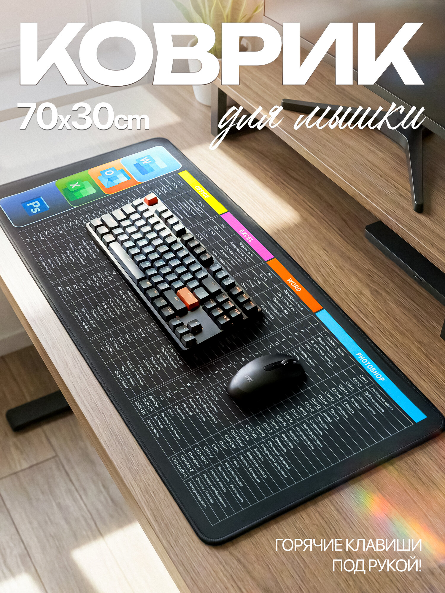 Коврик для стола 700×300 мм с горячими клавишами Office, Excel, Word и Photoshop, Desk Mat 3 мм