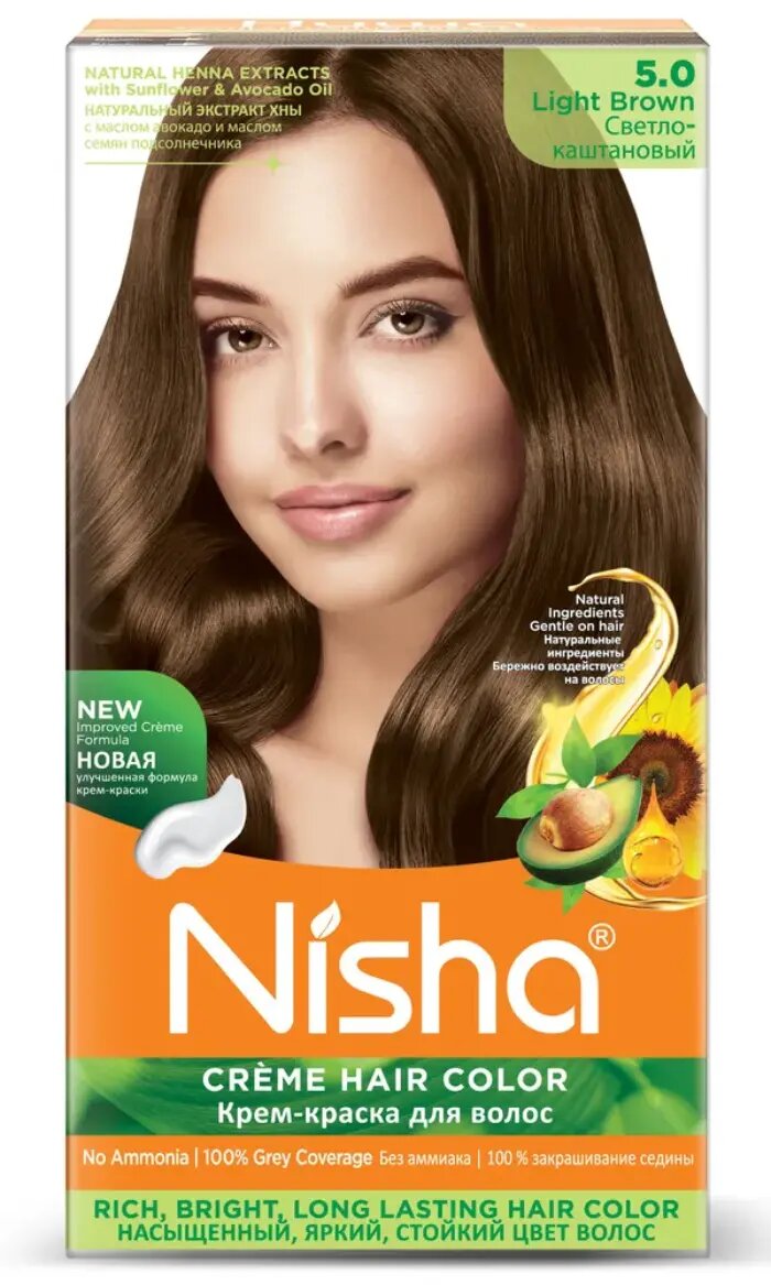 LIGHT BROWN 5.0 Nisha Creme Hair Color (светло-каштановый 5.0 крем-краска для волос, Ниша), 60 г + 60 мл + 18 мл.